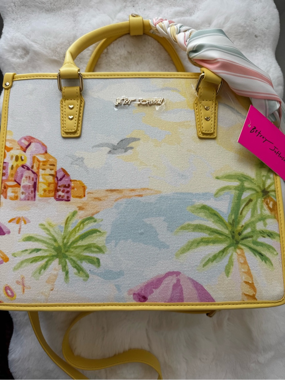 Betsey Johnson Yellow Trim Beach-Print Tote Bag